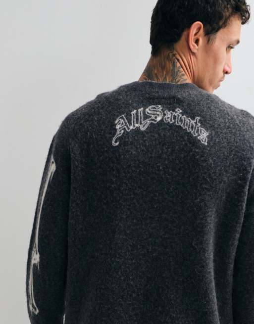 AllSaints ribbad stickad tröja med skelettgrafik i kolgrått, 2 av 5