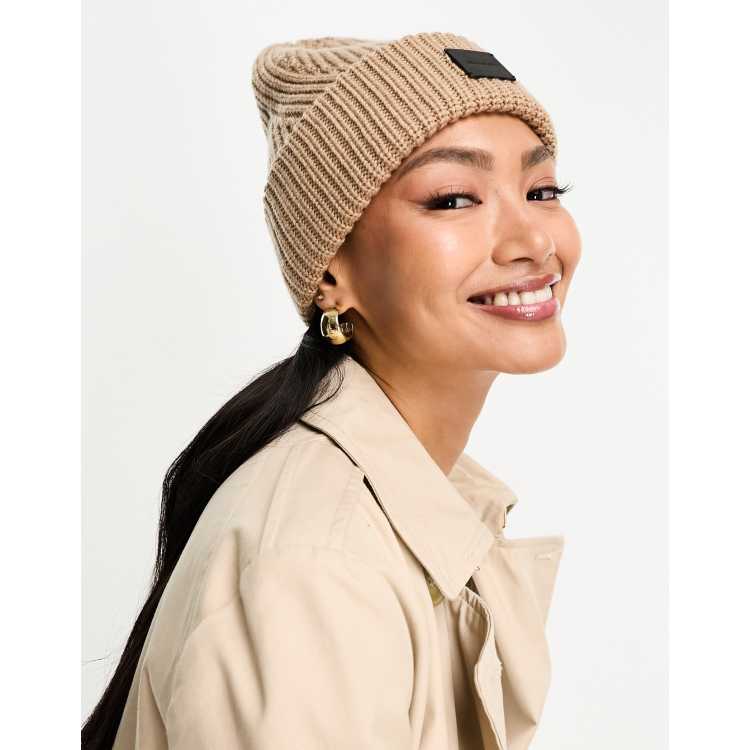 AllSaints ribbed knit beanie with leather logo in pale pink  display picture 1