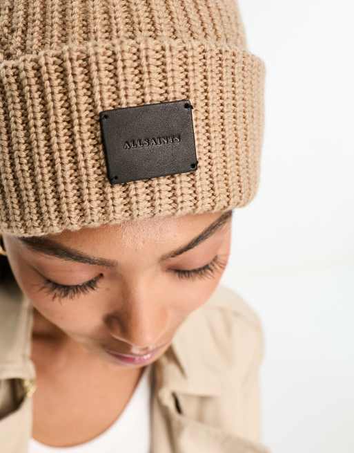 AllSaints ribbed knit beanie with leather logo in pale pink  display picture 1