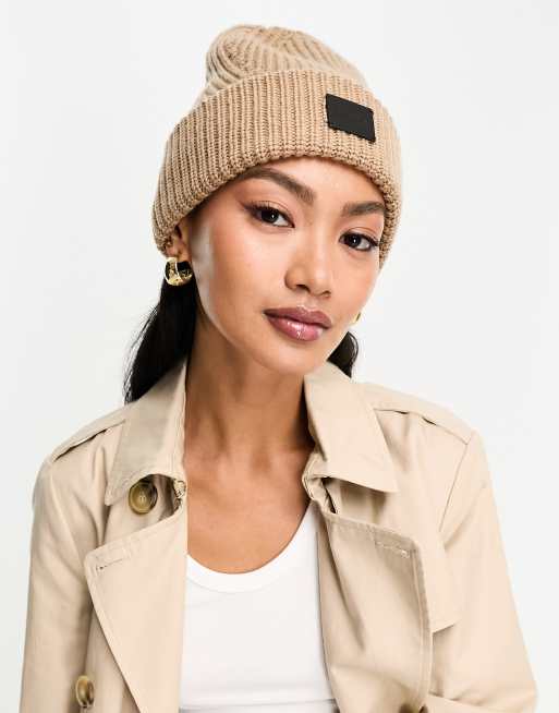 AllSaints ribbed knit beanie with leather logo in pale pink  display picture 1