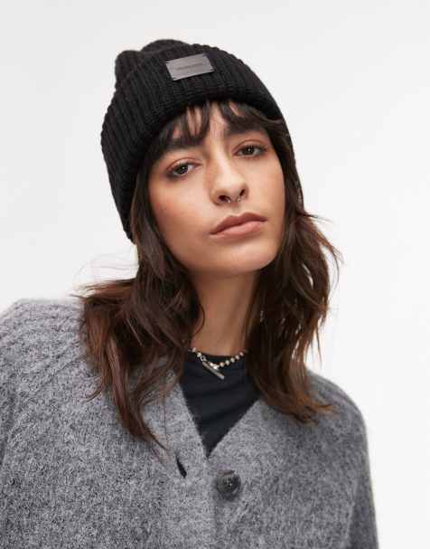 AllSaints ribbed leather logo beanie in black - view 1