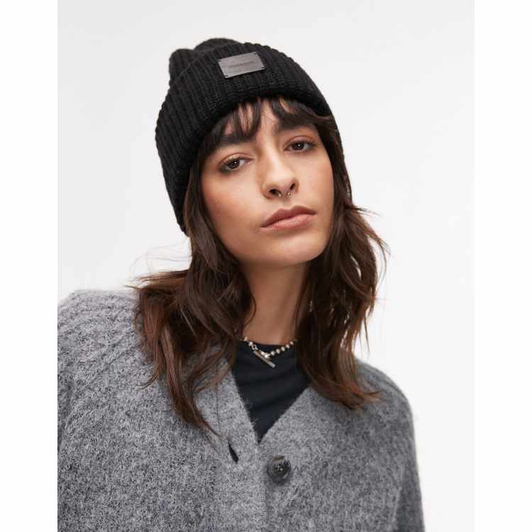 AllSaints ribbed leather logo beanie in black | ASOS display picture 3