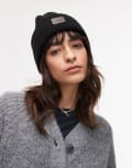 [AllSaints] AllSaints ribbed leather logo beanie in black One Size BLACK