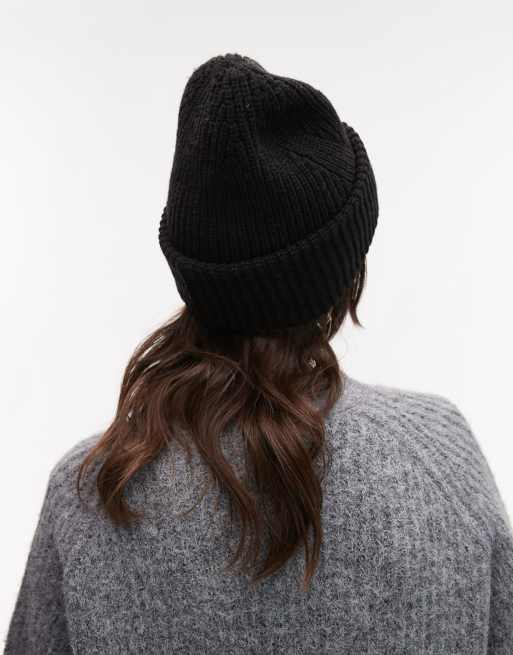 AllSaints ribbed leather logo beanie in black | ASOS display picture 1