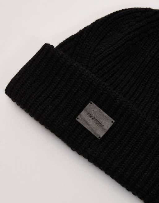AllSaints ribbed leather logo beanie in black | ASOS display picture 3