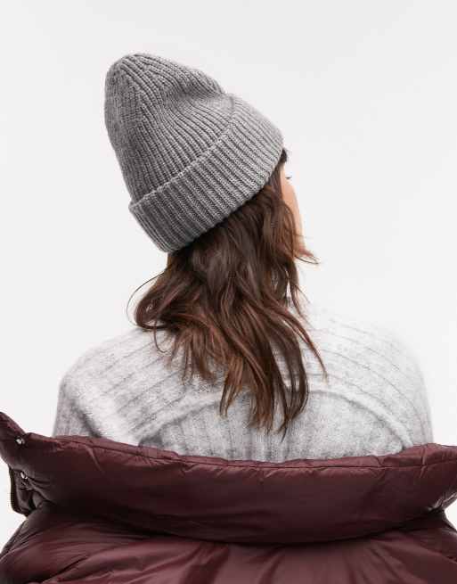 AllSaints ribbed leather logo beanie in grey marl ASOS