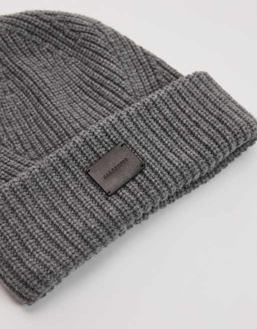 AllSaints ribbed leather logo beanie in grey marl | ASOS display picture 1