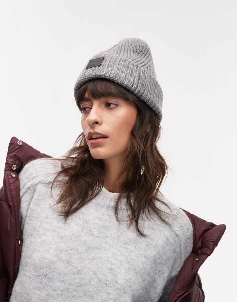 AllSaints ribbed leather logo beanie in heather gray - view 1