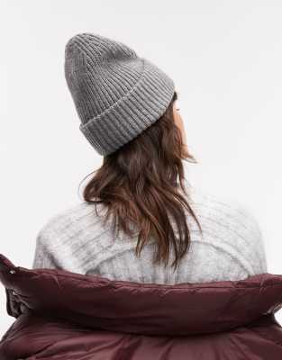 Allsaints Ribbed Leather Logo Beanie In Gray