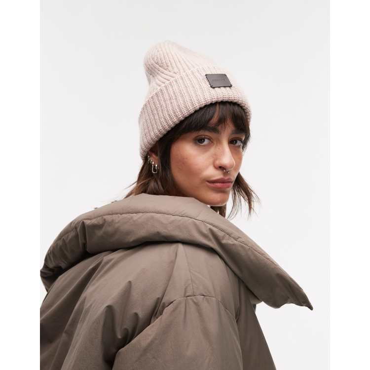 AllSaints ribbed leather logo beanie in pale pink | ASOS display picture 2