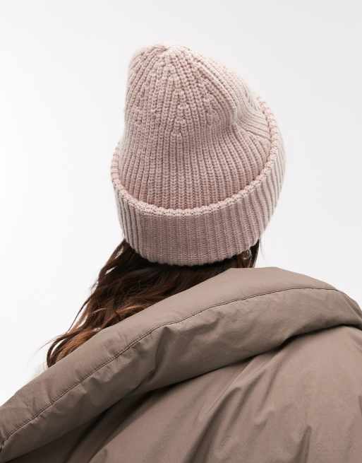AllSaints Womens Ribbed Underground Beanie Hat in Blush One Size AllSaints ribbed leather logo beanie in pale pink | ASOS main image 4