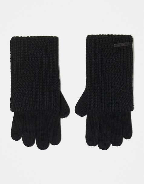 AllSaints ribbed leather logo gloves in black - view 1
