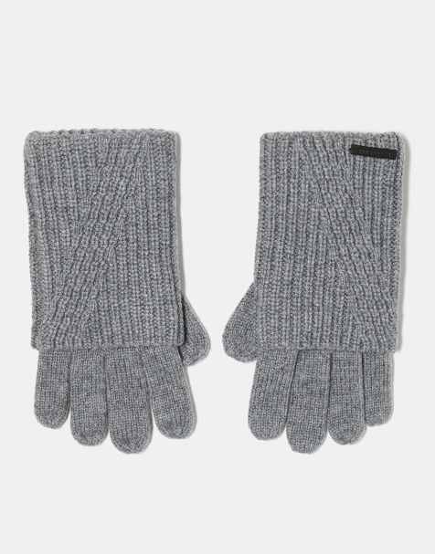 AllSaints ribbed leather logo gloves in grey marl - view 1