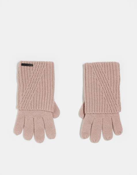 AllSaints ribbed leather logo gloves in pale pink - view 1