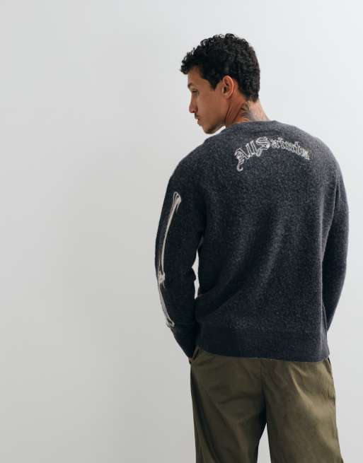 AllSaints Ribspill skeleton graphic knit jumper in charcoal grey, 4 of 5