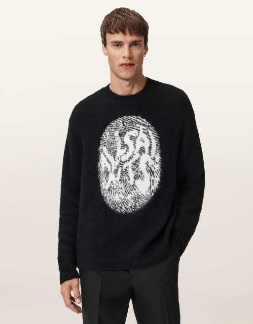AllSaints – Ridges – Pullover in Schwarz/Ecru-Weiß mit Rundhalsausschnitt