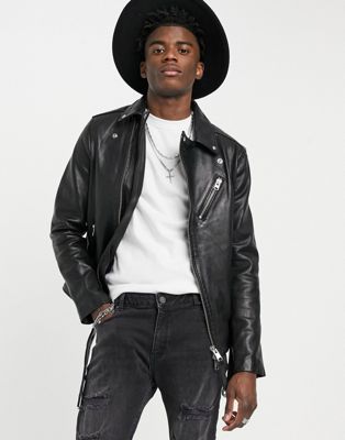 AllSaints rigg biker leather jacket in black | ASOS
