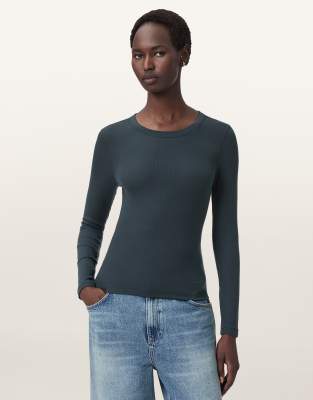 AllSaints - Rina - Langärmliges Oberteil in dunklem Schieferblau mit Rundhalsausschnitt