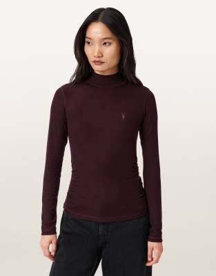 AllSaints - Rina - Langärmliges Oberteil in Ochsenblutrot mit Rollkragen