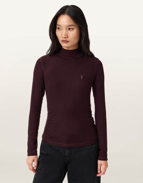 AllSaints – Rina – Langärmliges Oberteil in Ochsenblutrot mit Rollkragen - view 1