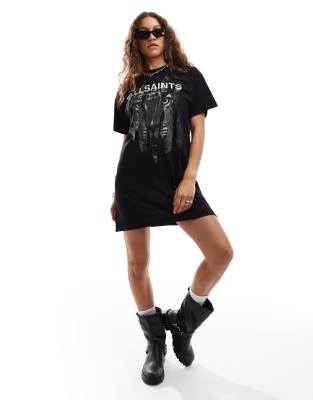 AllSaints - Riproar - T-Shirt-Kleid in Schwarz mit Print