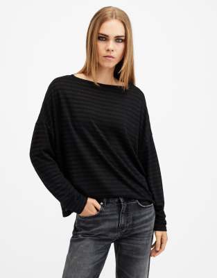 AllSaints - Rita - Gestreiftes T-Shirt in schimmerndem Schwarz