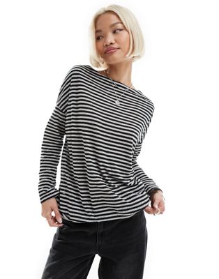 AllSaints Rita stripe long sleeve top in black - ASOS Price Checker