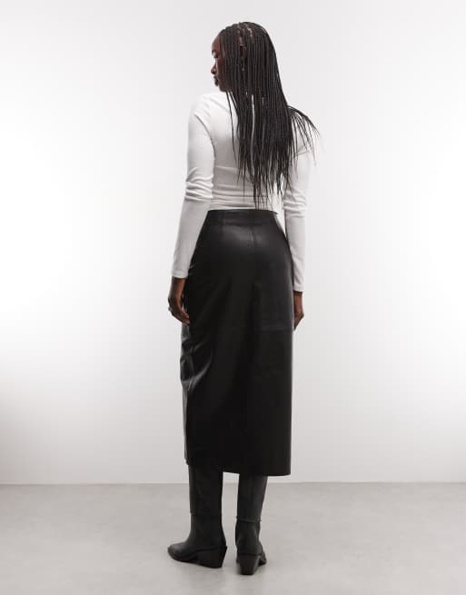 AllSaints Rock button up leather midi skirt in black, 2 of 5