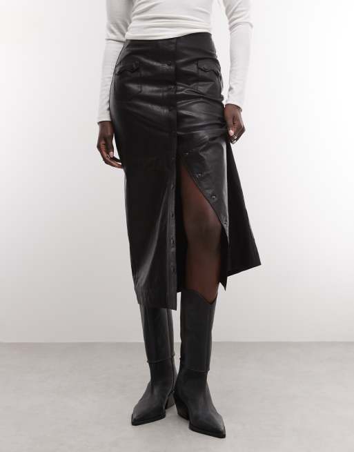 AllSaints Rock button up leather midi skirt in black, 3 of 5