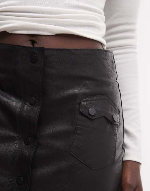 AllSaints Rock button up leather midi skirt in black, 4 of 5