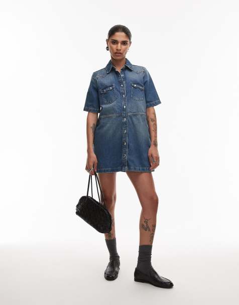 AllSaints – Rock – Jeans-Minikleid mittlerem Indigo-Blau - view 1