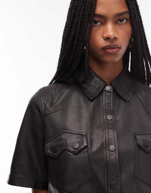 AllSaints - Rock - Robe boutonnée courte en cuir à manches courtes - Noir , 3 de 4