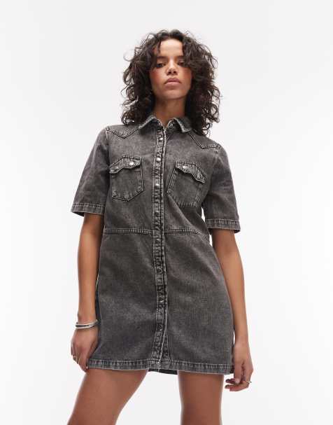 AllSaints - Rock - Robe courte boutonnée en jean à manches courtes - Noir délavé - view 1