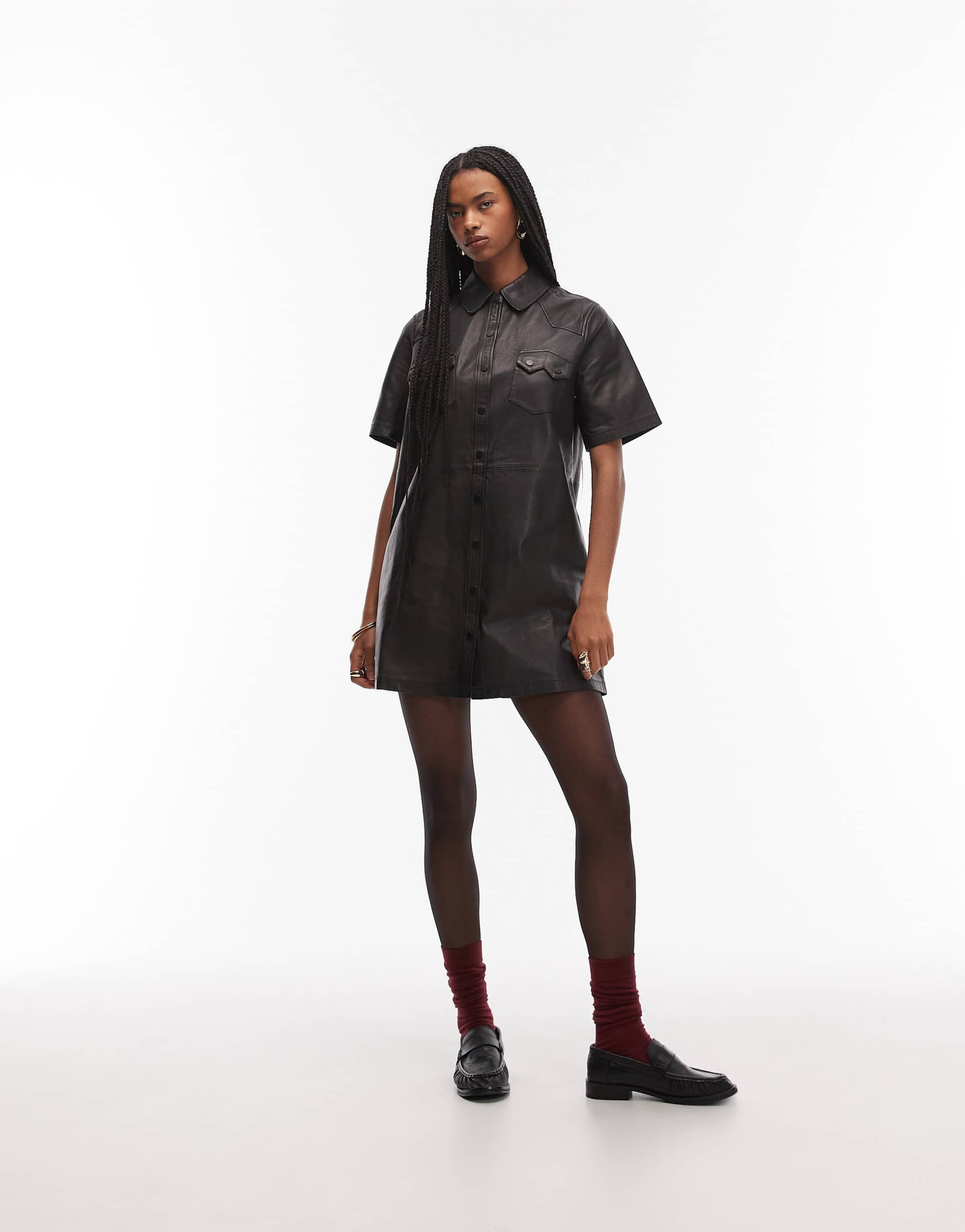allsaints rock short sleeve button up leather mini dress in black