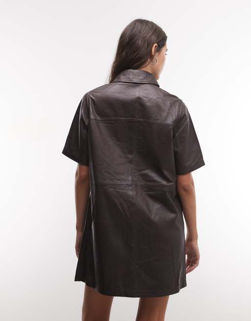 AllSaints Rock short sleeve lamb leather mini dress in burgundy, 4 of 4