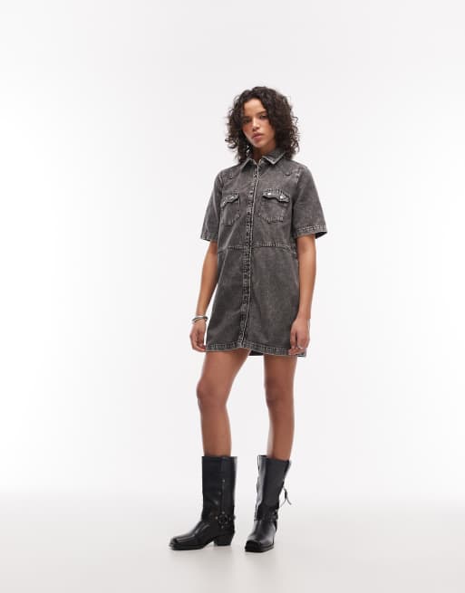 AllSaints - Rock - Vestito corto in denim nero slavato a maniche corte con bottoni, 3 di 4