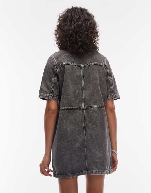 AllSaints - Rock - Vestito corto in denim nero slavato a maniche corte con bottoni, 4 di 4