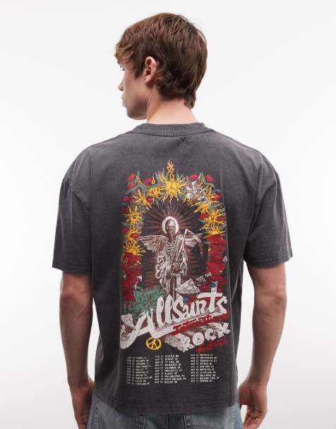 AllSaints – Roque – Czarny sprany T-shirt z krótkimi rękawami, grafiką z logo i nadrukiem na plecach - view 1