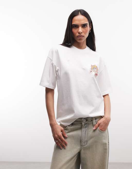 AllSaints Roque Etta short sleeve graphic logo t-shirt with back print in white, 2 of 4