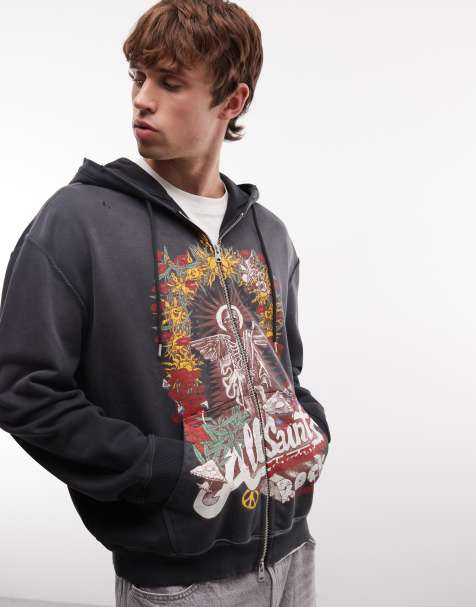 AllSaints Roque graphic logo zip up hoodie in washed black - view 1
