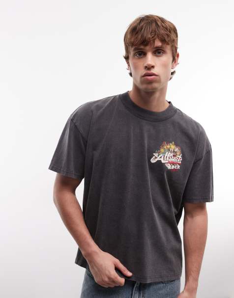 AllSaints – Roque – Kurzärmliges T-Shirt in verwaschenem Schwarz mit Logo- und Rückenprint - view 1