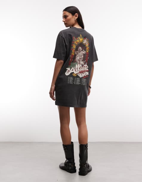 AllSaints Roque short sleeve graphic logo t-shirt mini dress in washed black - view 1