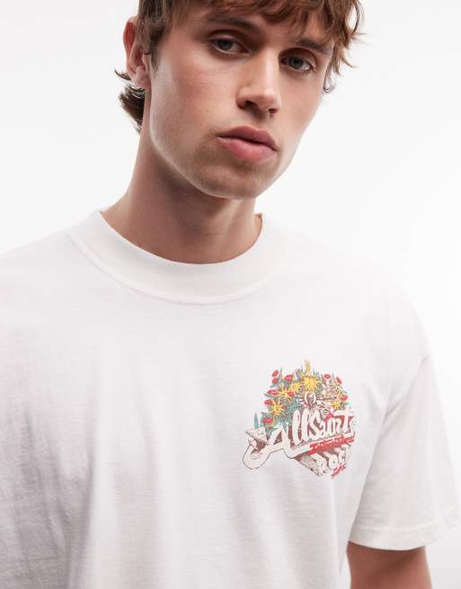 AllSaints Roque short sleeve graphic logo t-shirt with back print in off white, 2 of 5