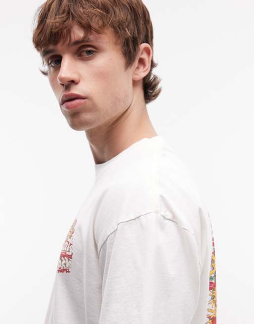 AllSaints Roque short sleeve graphic logo t-shirt with back print in off white, 4 of 5