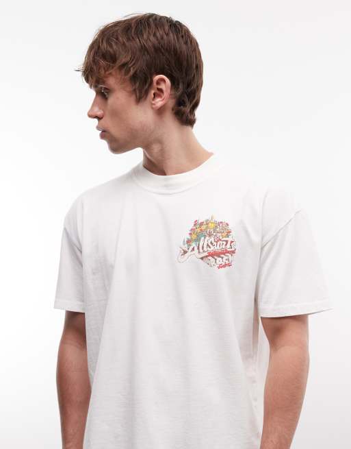 AllSaints Roque short sleeve graphic logo t-shirt with back print in off white, 5 of 5