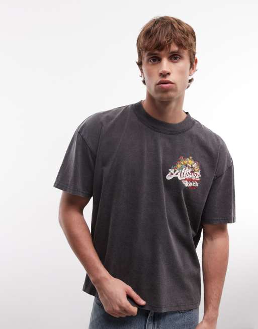 AllSaints Roque short sleeve graphic logo t-shirt with back print in washed black, 3 of 5