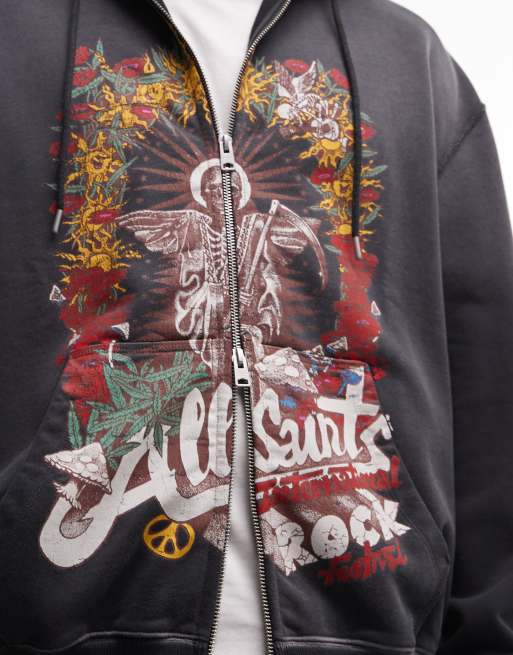 AllSaints - Roque - Sweat à capuche zippé à logo graphique - Noir délavé, 4 de 5