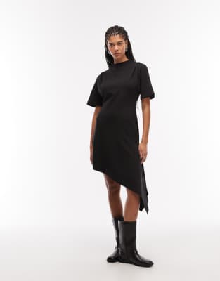 AllSaints rosa asymmetric short sleeve mini dress in black