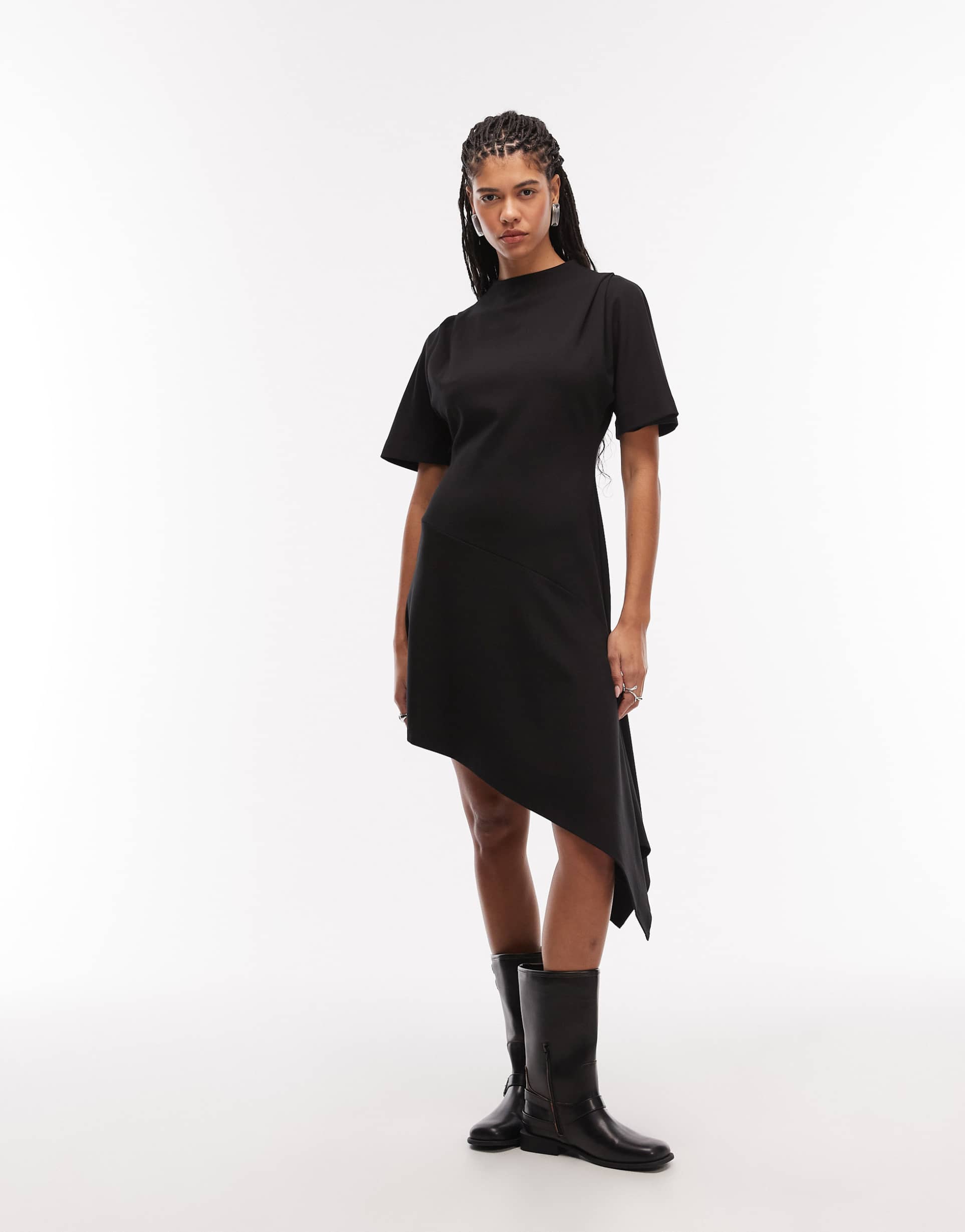 allsaints rosa asymmetric short sleeve mini dress in black