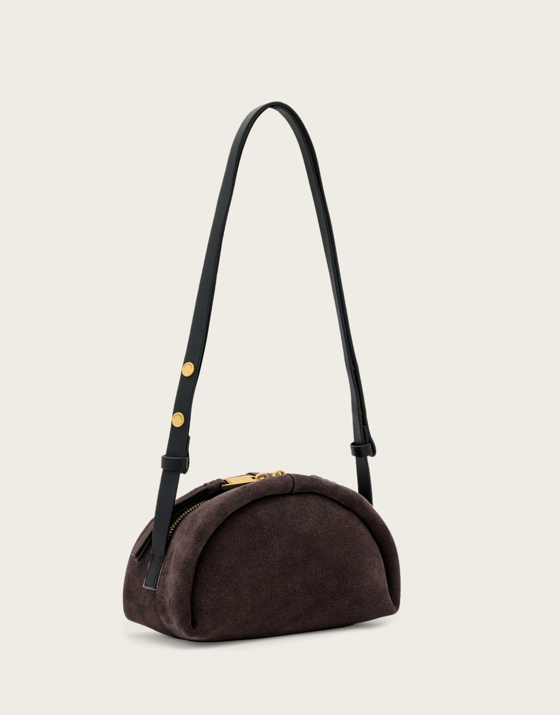 allsaints rosalie arc suede leather crossbody bag in dark brown